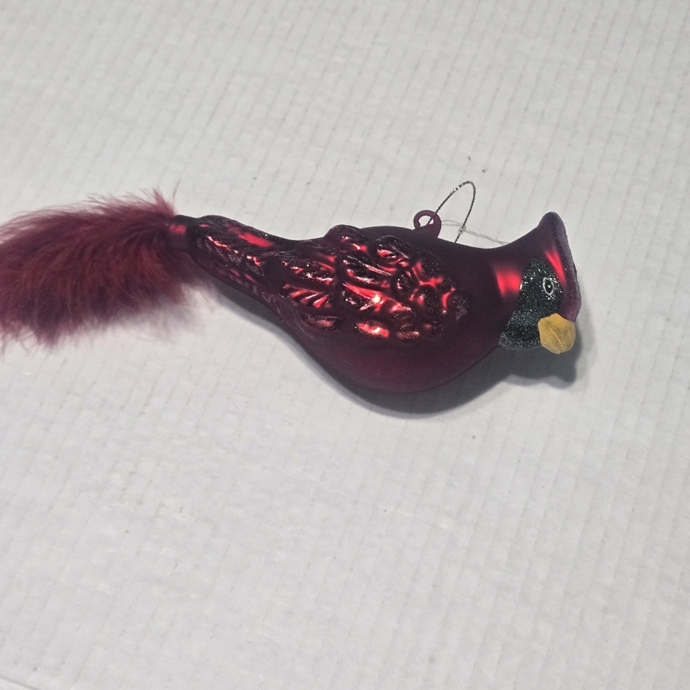 Cardinal Red Bird Feather Tail Glass Christmas Tree Ornament